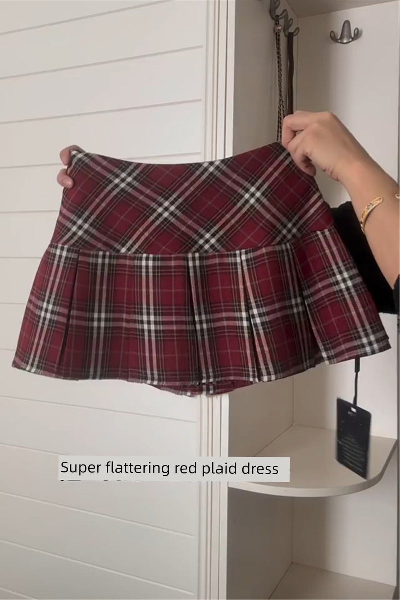 Large size American retro dopamine dress skirt autumn red plaid college style pleated short skirt - Image 3