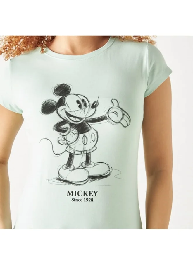 SP Characters Mickey Mouse Print Crew Neck T-shirt with Short Sleeves