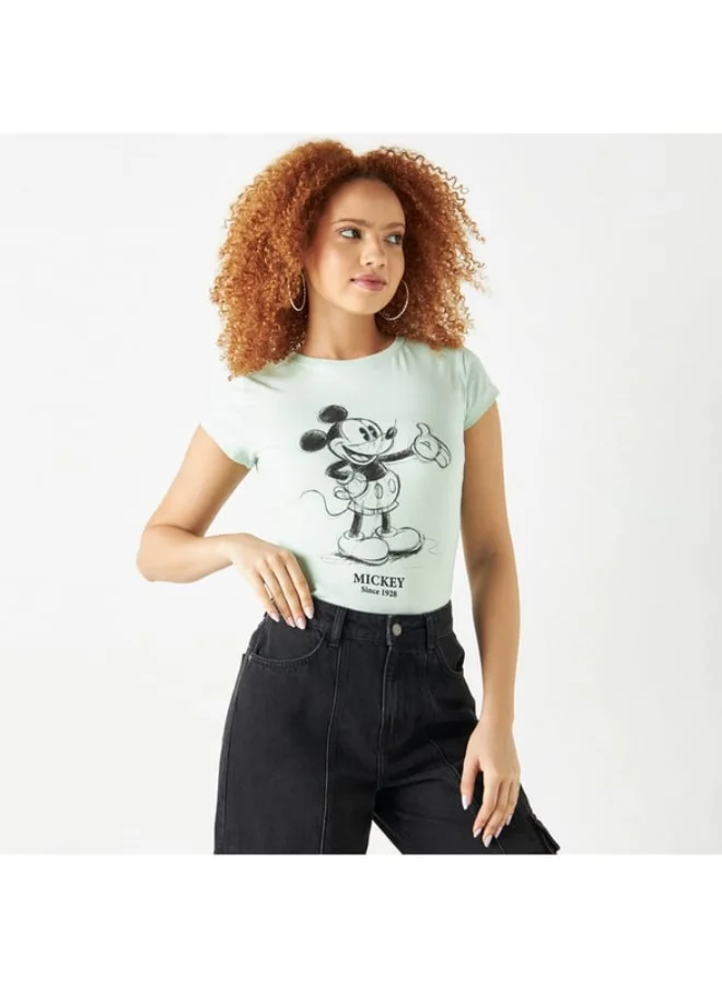 SP Characters Mickey Mouse Print Crew Neck T-shirt with Short Sleeves