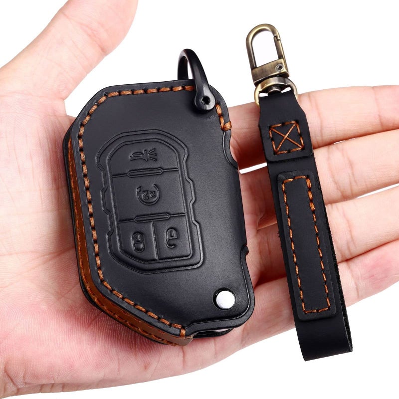EASYANT Genuine Leather Car Key Fob Cover Compatible with Jeep 20182024 Gladiator Wrangler Sahara Rubicon 4 Buttons Black