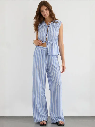 HICCUP Wide Leg Striped Pants with Elastic Waist
