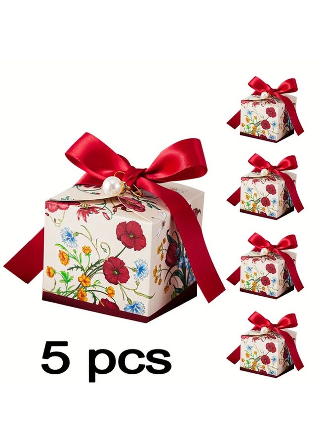 Champagne Paper Flower Gift Box With Ribbon For Wedding Favors Supplies 5Pcs - Image 1