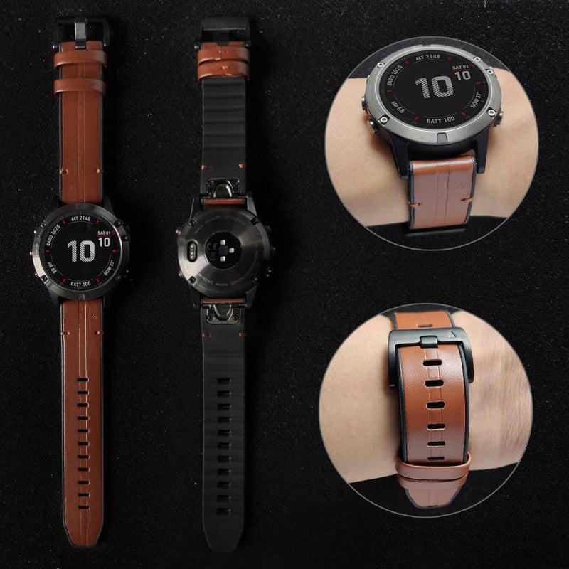 Abanen Genuine Leather Watch Band, QuickFit 22mm, Soft Sweatproof Silicone for Garmin Fenix 6/5/7, Instinct, EPIX 2, Approach S62/S60, Brown - Image 4