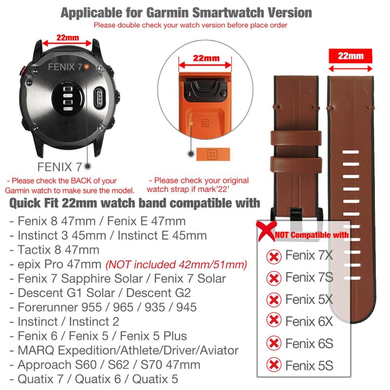 Abanen Genuine Leather Watch Band, QuickFit 22mm, Soft Sweatproof Silicone for Garmin Fenix 6/5/7, Instinct, EPIX 2, Approach S62/S60, Brown - Image 2