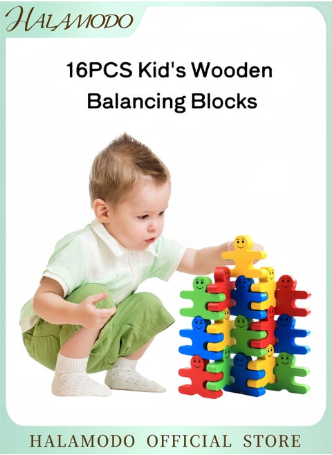 16PCS Kid's Wooden Balancing Building Blocks Colorful People Shaped Stacking Blocks Sensory Educational Toys Family Interactive Games Birthday Gifts for Boys & Girls & Preschoolers