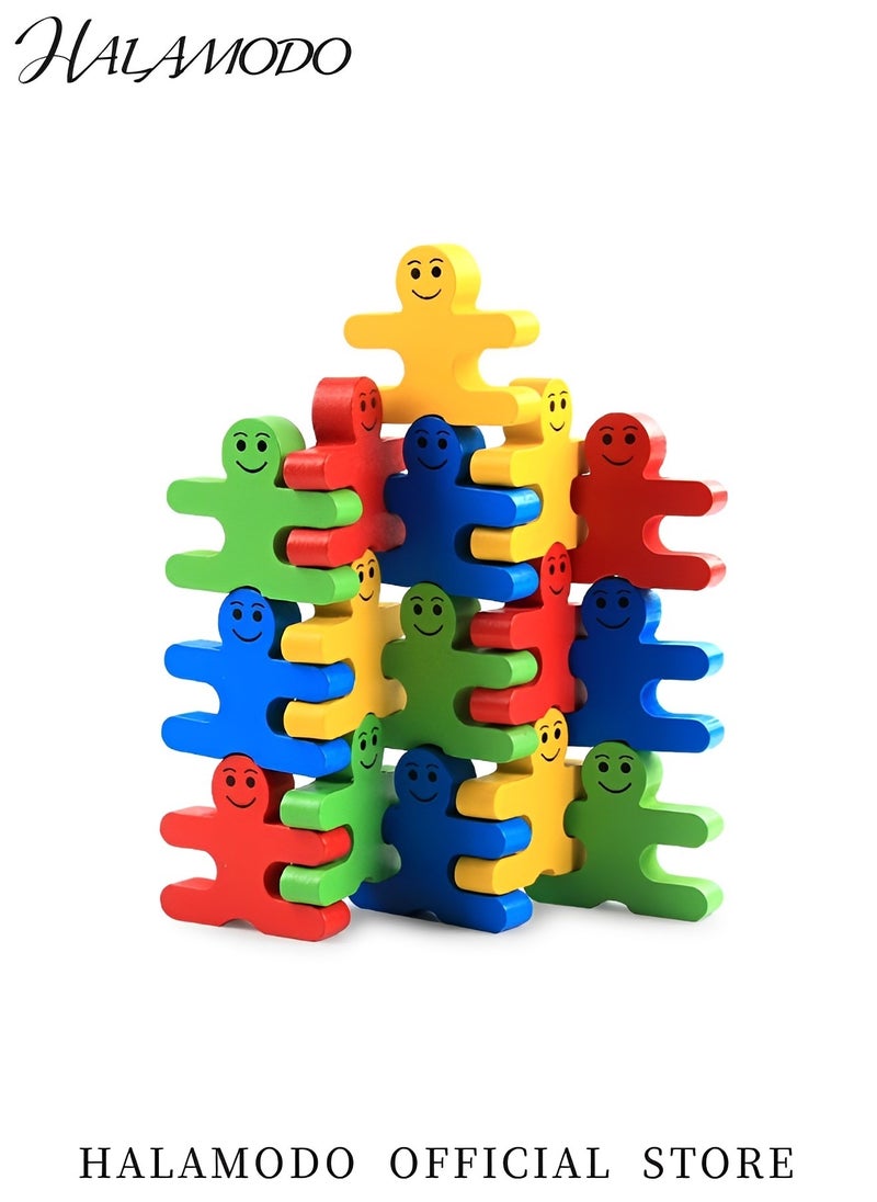 16PCS Kid's Wooden Balancing Building Blocks Colorful People Shaped Stacking Blocks Sensory Educational Toys Family Interactive Games Birthday Gifts for Boys & Girls & Preschoolers