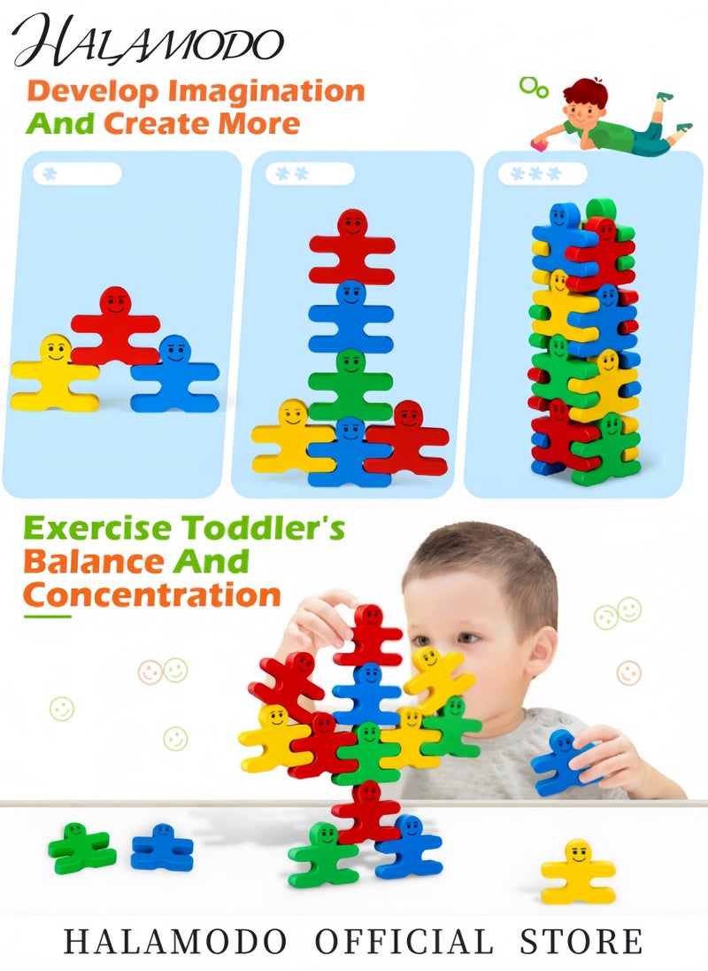 16PCS Kid's Wooden Balancing Building Blocks Colorful People Shaped Stacking Blocks Sensory Educational Toys Family Interactive Games Birthday Gifts for Boys & Girls & Preschoolers