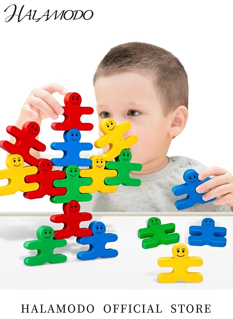 16PCS Kid's Wooden Balancing Building Blocks Colorful People Shaped Stacking Blocks Sensory Educational Toys Family Interactive Games Birthday Gifts for Boys & Girls & Preschoolers