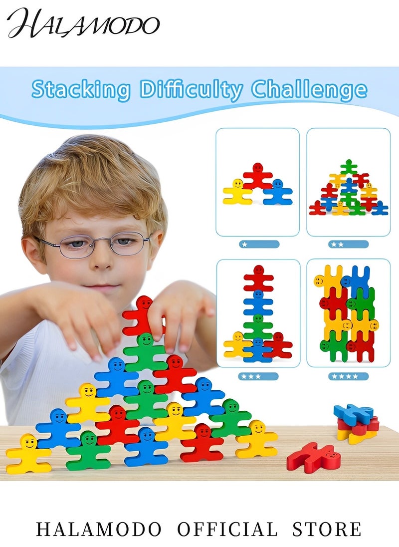 16PCS Kid's Wooden Balancing Building Blocks Colorful People Shaped Stacking Blocks Sensory Educational Toys Family Interactive Games Birthday Gifts for Boys & Girls & Preschoolers