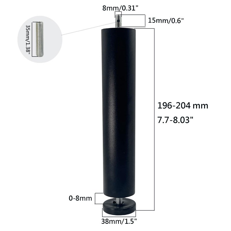 Yuqim 4 Pack Adjustable Furniture Legs Replacement M8 Thread Metal Furniture Legs 8 Inch Couch Legs Replacement Legs For Bed, Sofa, Cabinet(Black, 7.7-8.03 Inch) - Image 3