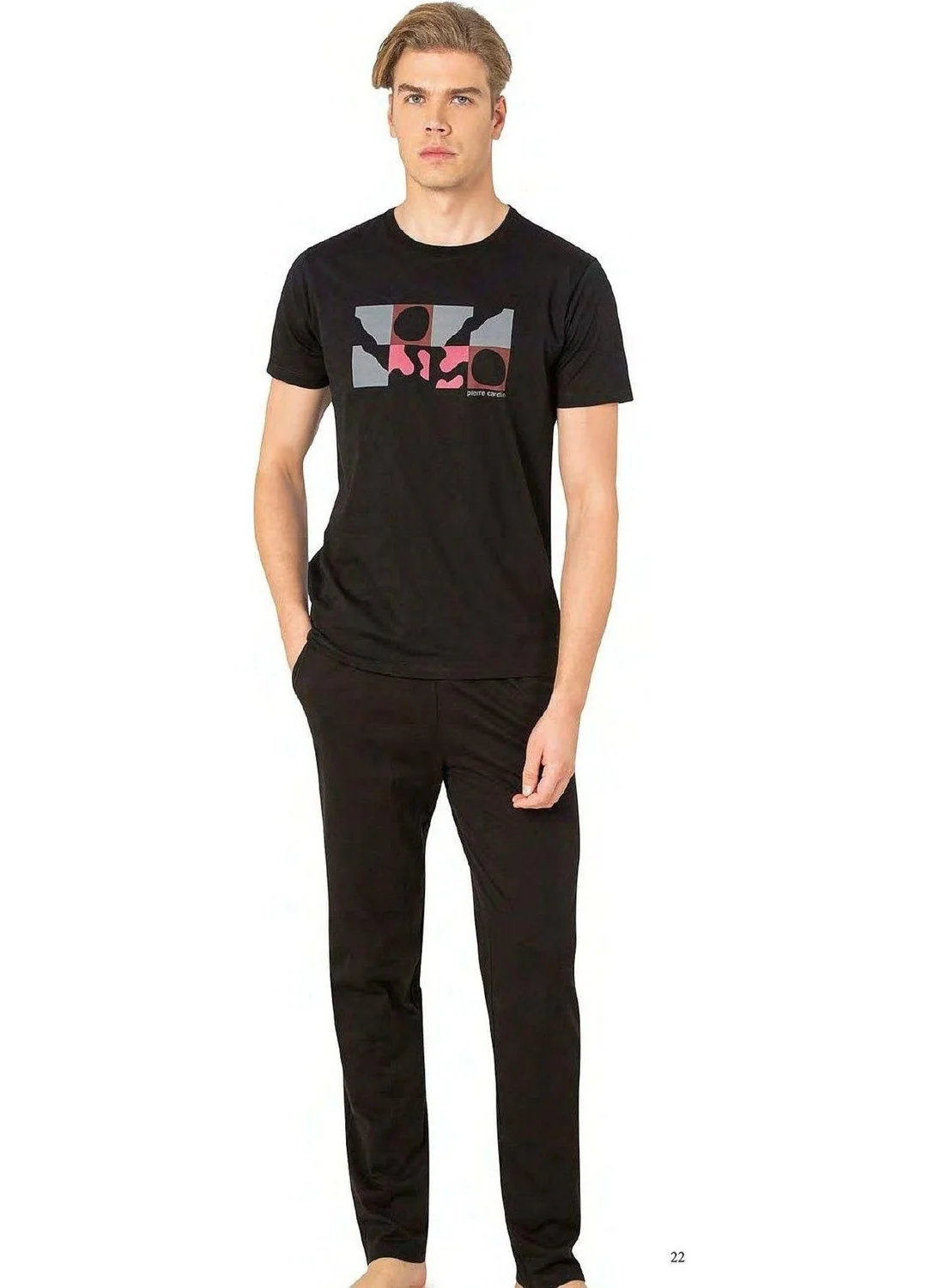 بيير كاردان 6076 Men's Short Sleeve Crew Neck Pajama Set-Black