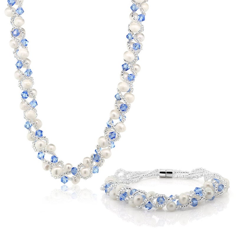 Gem Stone King 17 Inch White Cultured Freshwater Pearl and Blue Crystal Mash Necklace and Bracelet Set For Women (Necklace: 17 Inch, Bracelet: 6.5 Inch) - Image 1