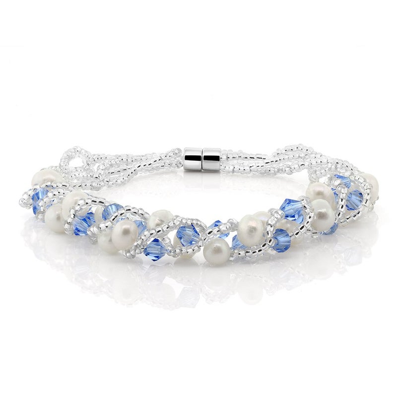 Gem Stone King 17 Inch White Cultured Freshwater Pearl and Blue Crystal Mash Necklace and Bracelet Set For Women (Necklace: 17 Inch, Bracelet: 6.5 Inch) - Image 2
