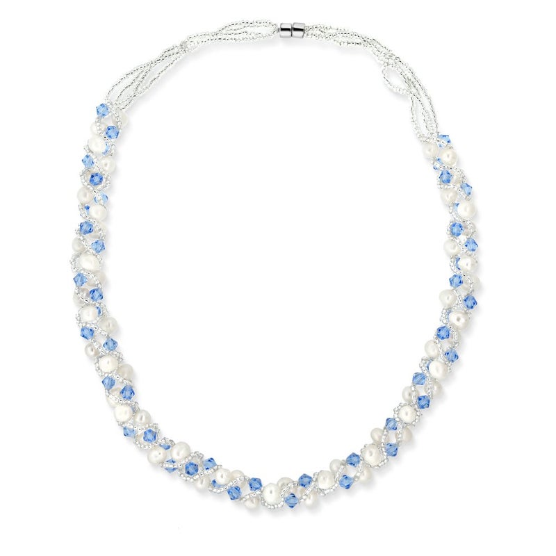 Gem Stone King 17 Inch White Cultured Freshwater Pearl and Blue Crystal Mash Necklace and Bracelet Set For Women (Necklace: 17 Inch, Bracelet: 6.5 Inch) - Image 3