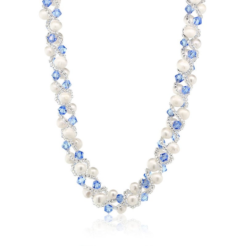 Gem Stone King 17 Inch White Cultured Freshwater Pearl and Blue Crystal Mash Necklace and Bracelet Set For Women (Necklace: 17 Inch, Bracelet: 6.5 Inch) - Image 5