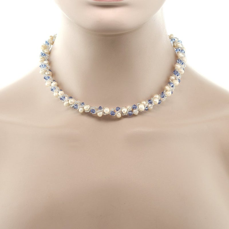 Gem Stone King 17 Inch White Cultured Freshwater Pearl and Blue Crystal Mash Necklace and Bracelet Set For Women (Necklace: 17 Inch, Bracelet: 6.5 Inch) - Image 4