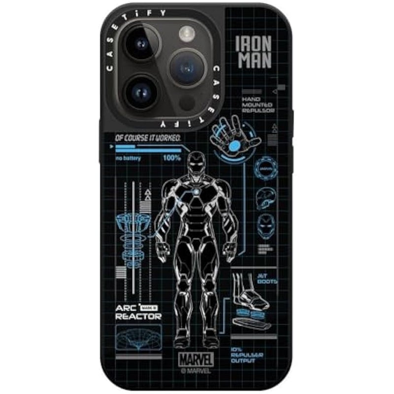 كاستيفي كاسيتي جراب ايفون 14 برو من ميرور 【ايرون مان كو-لاب/عاكس/ حماية من السقوط بطول 5 قدم/ متوافق مع ماج سيف】 - تقنية طباعة ايرون مان بلو - ازرق - فضي على اسود - Image 2