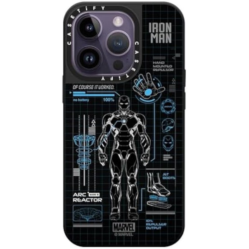 كاستيفي كاسيتي جراب ايفون 14 برو من ميرور 【ايرون مان كو-لاب/عاكس/ حماية من السقوط بطول 5 قدم/ متوافق مع ماج سيف】 - تقنية طباعة ايرون مان بلو - ازرق - فضي على اسود - Image 1