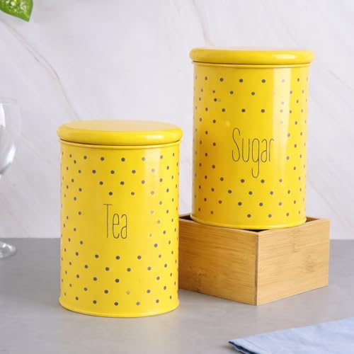MARKET 99 Glossy Yellow Mild Steel Tea and Sugar Jar Set of 2 (900ml Each) | Leak-Proof Cylindrical Kitchen Storage Containers for Tea, Sugar and Dry Food | Stylish Food Canister Set of 2 - Image 1