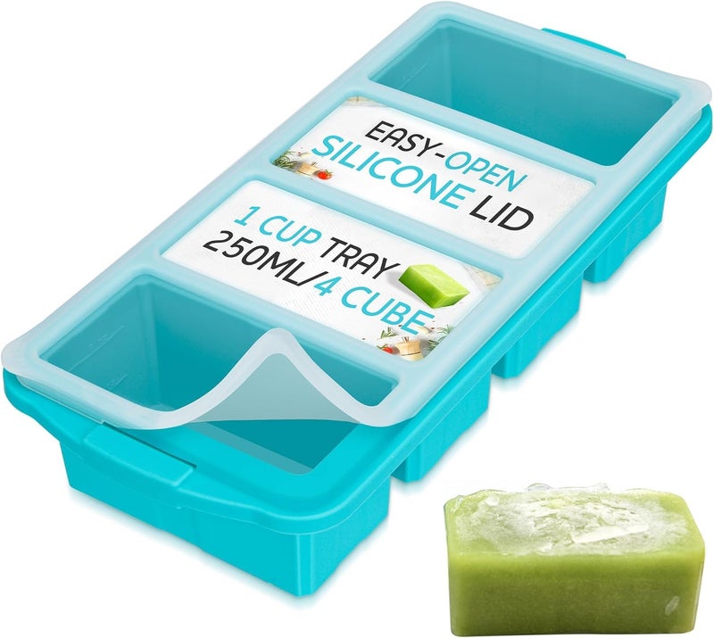 Xomoo Silicone Freezer Tray With Lid - Soup Freezer Container molds - Large Ice Cube Tray- makes 8 perfect 1 cup portions cubes, 1-Pack Freezer Storage Food Soups & Meal Prep - Oven & Dishwasher -Safe - Image 1