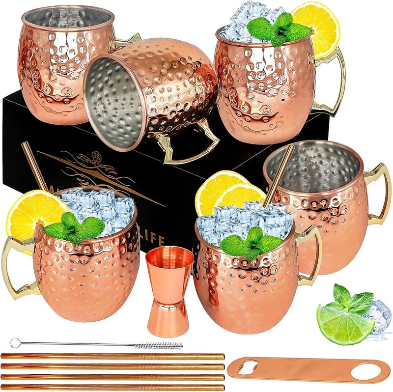 LINALL Moscow Mule Copper Mugs- Set of 6 Copper Plated Stainless Steel Mug 18oz, for Chilled Drinks (6 Pack) - Image 1