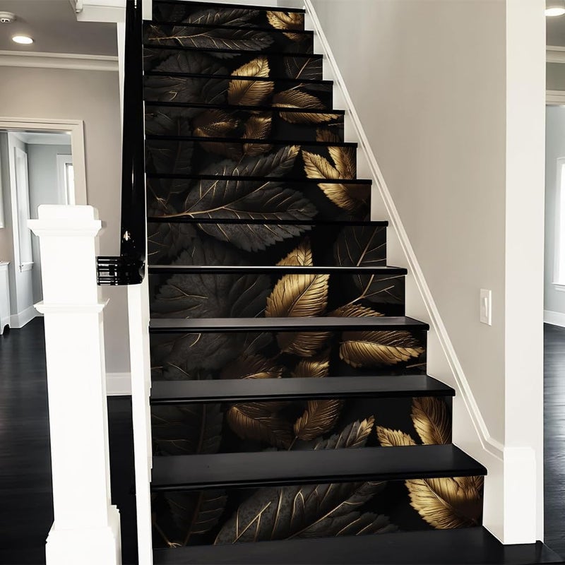 REDAMANCY Modern Dark Black/Gold/Grey Leaves Abstract Peel and Stick Vinyl Stair Riser Decals Staircase Tile Stickers Decor Modern Marble Decoration Self-Adhesive(14 Pcs) - Image 1