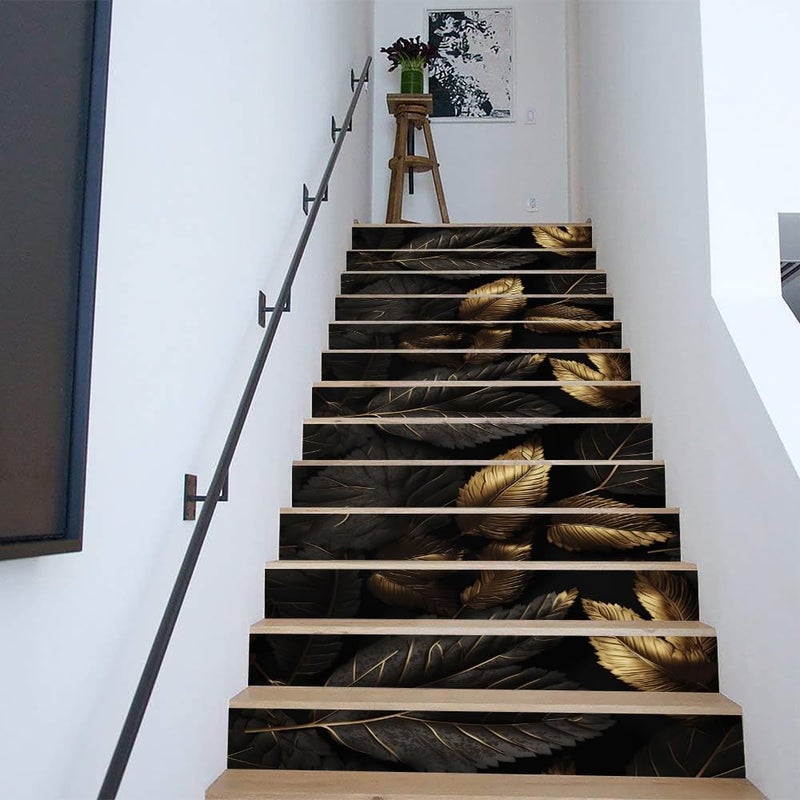 REDAMANCY Modern Dark Black/Gold/Grey Leaves Abstract Peel and Stick Vinyl Stair Riser Decals Staircase Tile Stickers Decor Modern Marble Decoration Self-Adhesive(14 Pcs) - Image 4