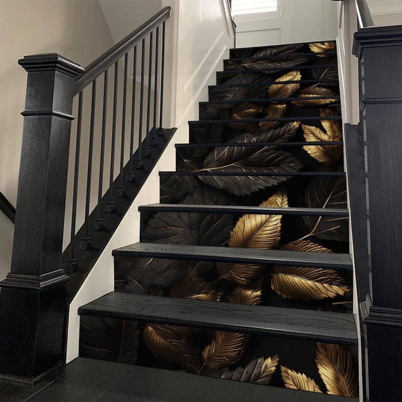 REDAMANCY Modern Dark Black/Gold/Grey Leaves Abstract Peel and Stick Vinyl Stair Riser Decals Staircase Tile Stickers Decor Modern Marble Decoration Self-Adhesive(14 Pcs) - Image 2