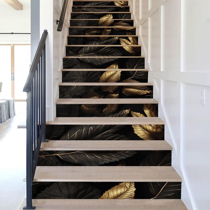 REDAMANCY Modern Dark Black/Gold/Grey Leaves Abstract Peel and Stick Vinyl Stair Riser Decals Staircase Tile Stickers Decor Modern Marble Decoration Self-Adhesive(14 Pcs) - Image 5