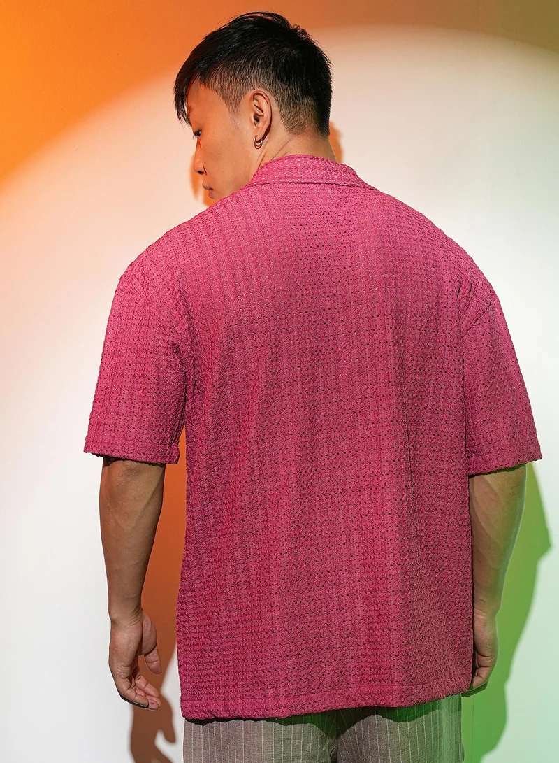 Campus Sutra Men's Crimson Red Hollow Knit Oversized Shirt