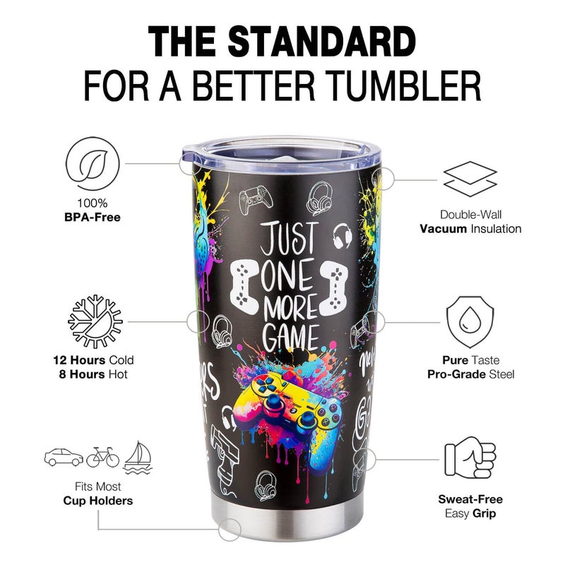 Amutta Gamer Gifts for Men & Boys - Gaming Cup for Teenage Boy, Teen Video Game Accessories, 20oz Insulated Stainless Steel Tumbler Coffee Mug for Dad Husband Boyfriend - Birthday Valentines Easter Christmas - Image 5