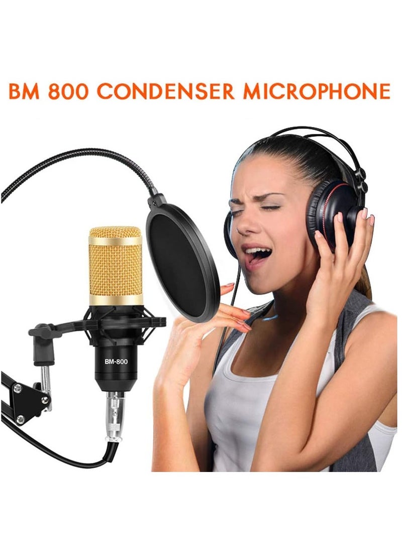 BM800 Condenser Microphone Bundle, Podcast Kit with Streaming Microphone, Live Sound Card, Adjustable Mic Stand, Metal Shock Mount and Double-Layer Pop Filter for Studio Recording & Broadcasting