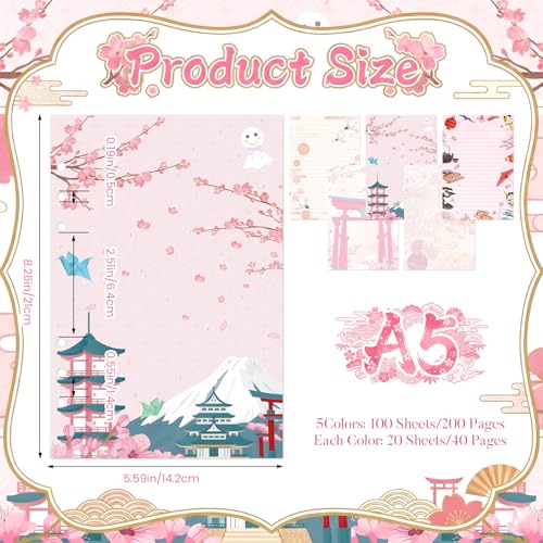 Pineraap 100 Sheets Japanese A5 Planner Inserts - 120GSM Thick Cherry Blossom Refill Paper for A5 6-Ring Binder, Sushi Cranes Fans Temples 6 Hole Loose Leaf Sheets for Journal Diary Notebook Budget Planning - Image 2