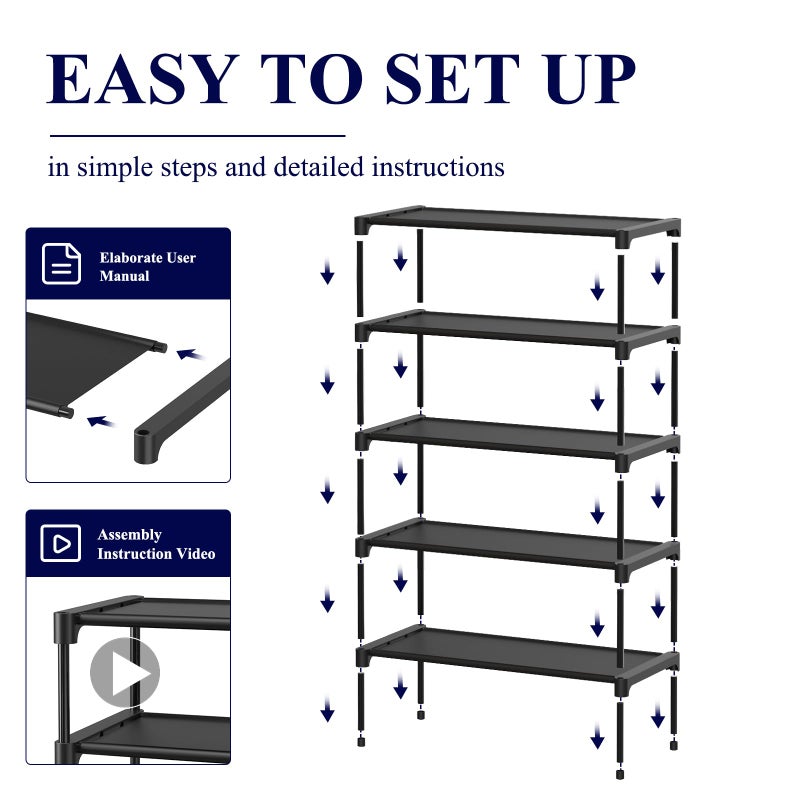 Kitsure Shoe Rack - Non-Woven Shoe Rack Shelf, Shoe Organizer for Closet, Entryway, Garage & Corridor, Stackable Shoe Shelves, 27.5" Wide - 5 Tier, Black - Image 4