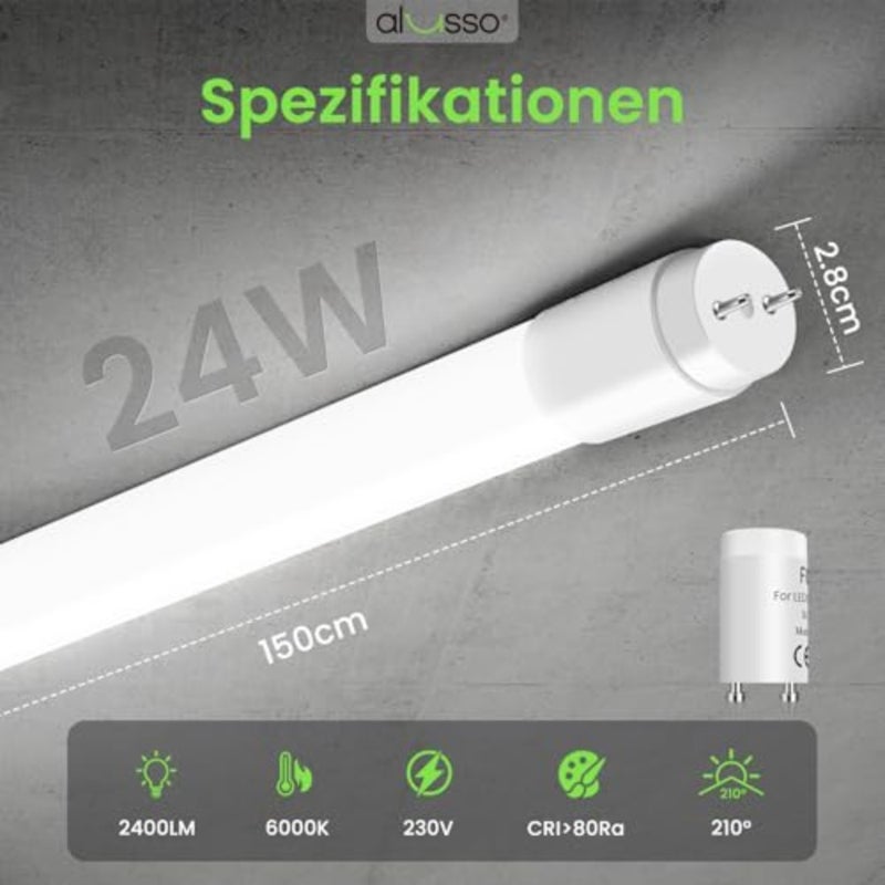 أنبوب LED 150 سم 6000 كلفن أبيض بارد T8 2400LM 24 وات يستبدل أنبوب الفلورسنت LED 48 وات أنبوب G13 يتضمن بداية، مصباح أنبوبي بزاوية شعاع 210 درجة، حزمة من 10 - Image 2