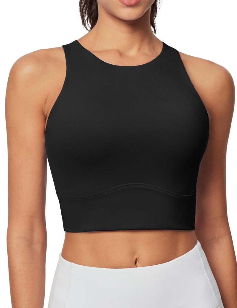 Heathyoga Longline Sports Bras for Women High Neck Tank Tops with Built in Bras Workout Tops for Women Racerback Yoga Bra Black - Image 1