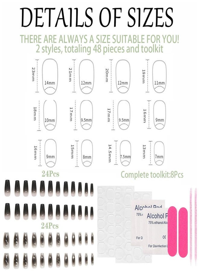 FFZDENA 2 Boxes of 48 Pieces Press On Nails, Fake Nails for Women Moon Star Black Gradient Design, Nail Extensions Kit With 8 Tools, Easy to Apply for Party Wedding Special Occasion - Image 2