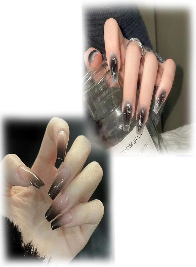 FFZDENA 2 Boxes of 48 Pieces Press On Nails, Fake Nails for Women Moon Star Black Gradient Design, Nail Extensions Kit With 8 Tools, Easy to Apply for Party Wedding Special Occasion - Image 1