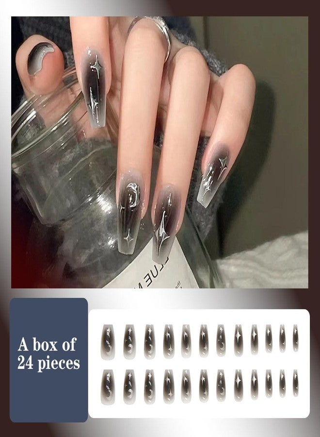 FFZDENA 2 Boxes of 48 Pieces Press On Nails, Fake Nails for Women Moon Star Black Gradient Design, Nail Extensions Kit With 8 Tools, Easy to Apply for Party Wedding Special Occasion - Image 5