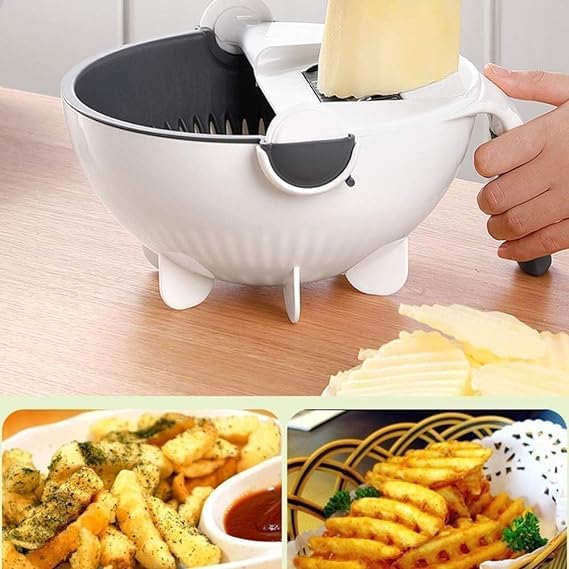 Fitaza Fitaza 9 in 1 MultiFunctional Vegetable Cutter Grater Slicer Peeler with Wet Rotating Drain Basket Strainer for Kitchen Vegetable CutterChopper Strainer Folding Basket Drainer  - Image 4
