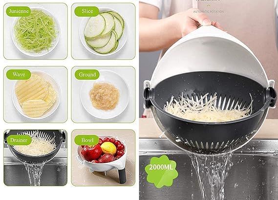 Fitaza Fitaza 9 in 1 MultiFunctional Vegetable Cutter Grater Slicer Peeler with Wet Rotating Drain Basket Strainer for Kitchen Vegetable CutterChopper Strainer Folding Basket Drainer  - Image 5