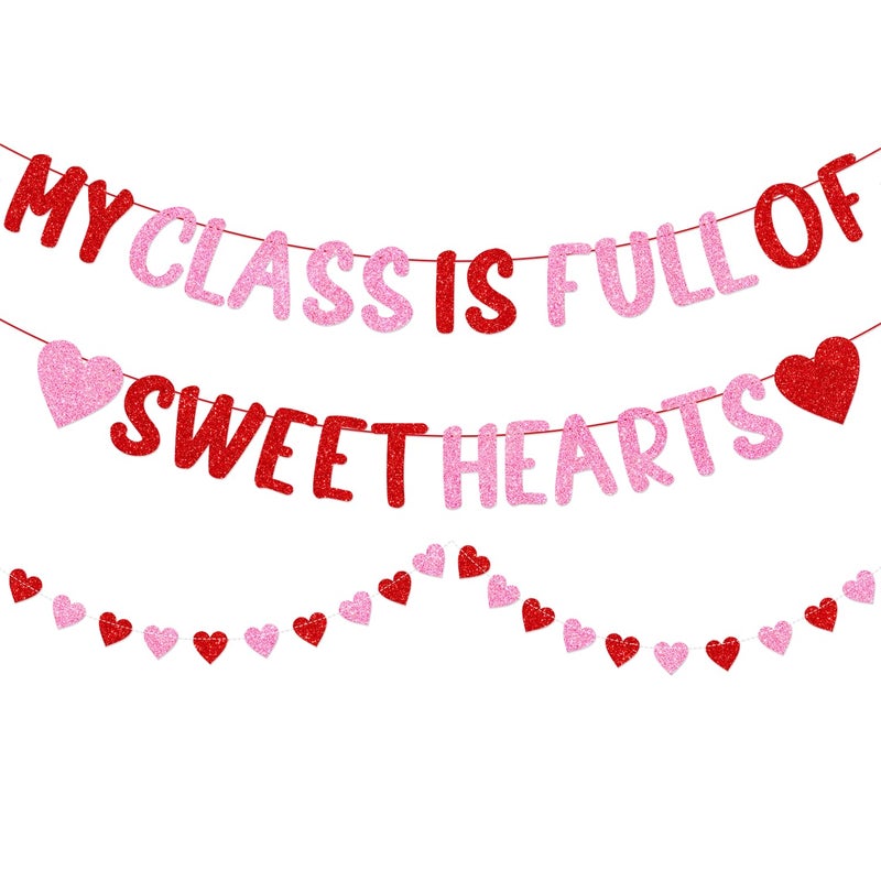 PTFNY Glittery My Class is Full of Sweethearts Banner Happy Valentine's Day Banner School Classroom Valentines Day Decorations for Student School Class Teacher Valentines Day Decorations Supplies - Image 1