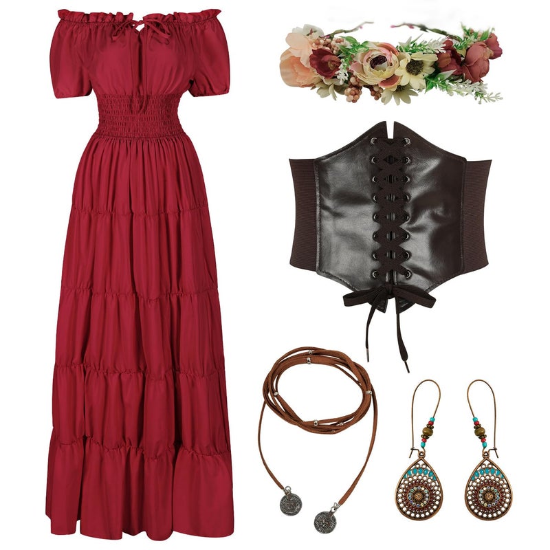 HSDOU 5 Pcs Renaissance Medieval Costume Dress Women Fairy Dress Peasant Cottagecore Dress 1700s Victorian Fantasy Fairy Costume(Z3768RD,L) - Image 1