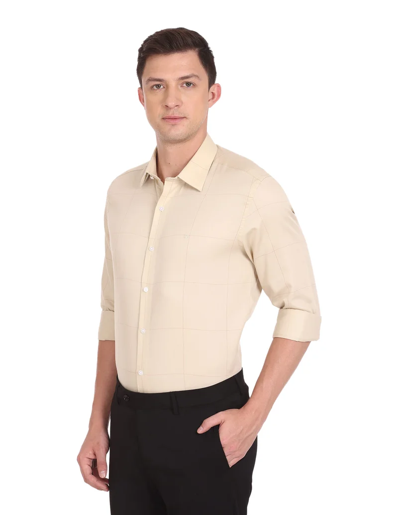 Arrow Beige Patch Pocket Windowpane Check Cotton Shirt for Men | Best Price UAE