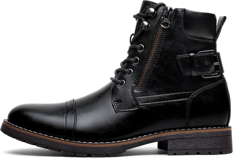 Vostey Men's Motorcycle Combat Ankle Boots - Black - Image 4