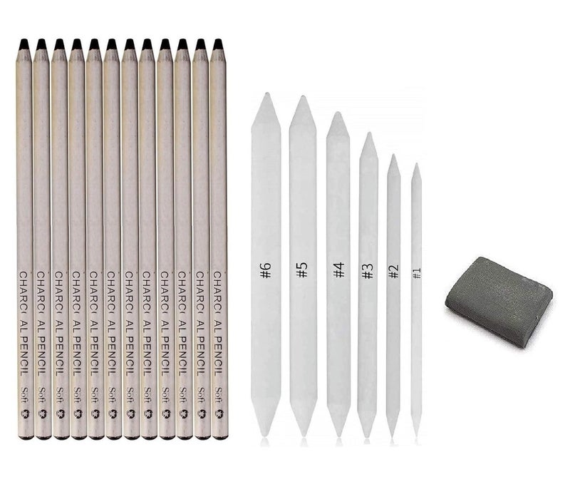 ART RANGER Art Ranger Art Charcoal Pencils Dark Black Soft Tender Pencils (Pack of 12 Pencils) (with Paper Stumps & Kneadable Eraser)  - Image 1