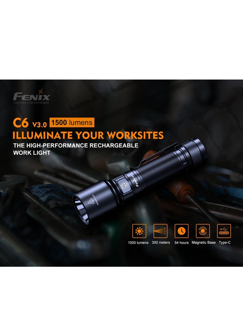 فينيكس - كشاف fenix c6 v3.0 يدوي عالي الاداء صغير الحجم قابل لإعادة الشحن بقاعدة مغناطيسية يمكن تثبيته أقصى قوة إضاءة 1500 لومينز - Image 1