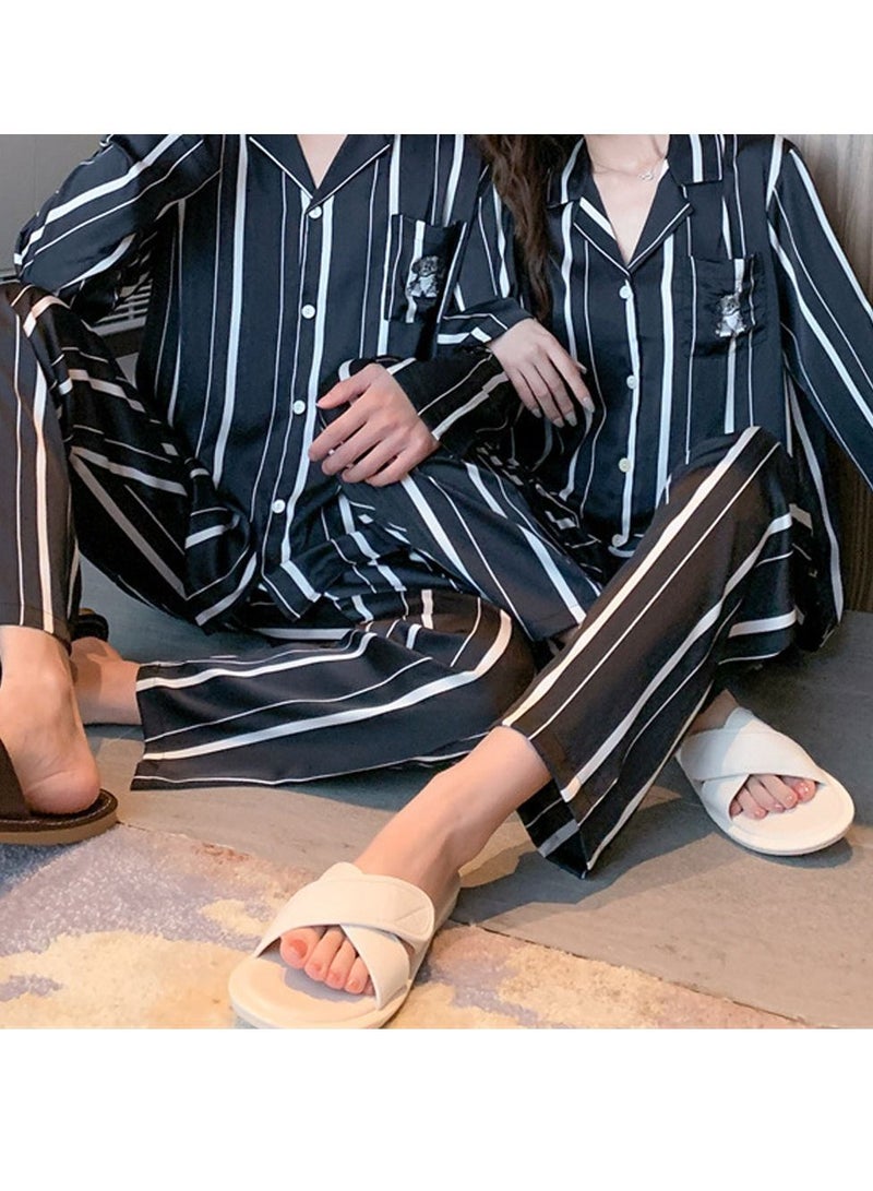 MARGOUN Couples Matching Pajamas Silk Long Sleeve Striped Sleepwear Satin Soft Button Down Loungewear Pjs Black Large and Medium MG05 - Image 4