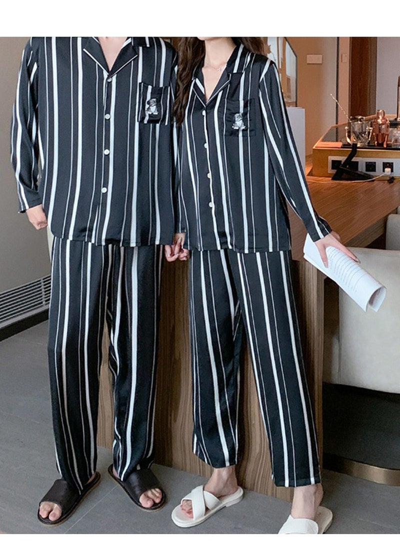 MARGOUN Couples Matching Pajamas Silk Long Sleeve Striped Sleepwear Satin Soft Button Down Loungewear Pjs Black Large and Medium MG05 - Image 1