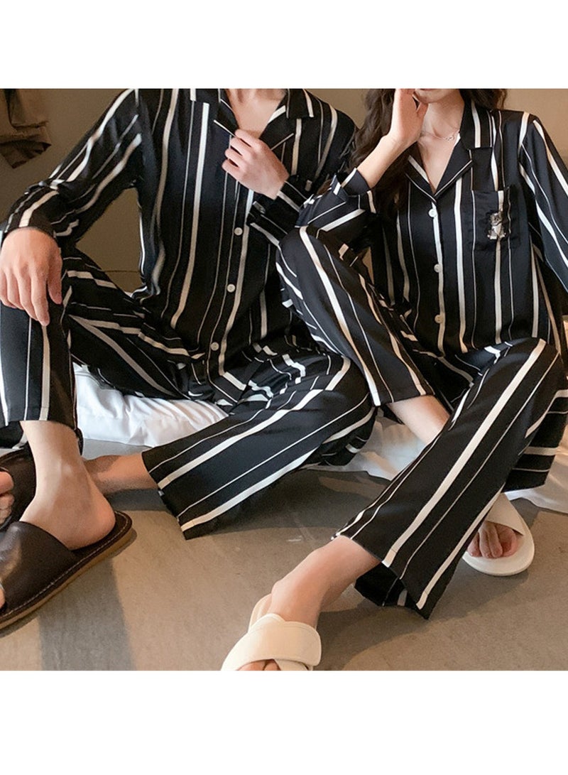 MARGOUN Couples Matching Pajamas Silk Long Sleeve Striped Sleepwear Satin Soft Button Down Loungewear Pjs Black Large and Medium MG05 - Image 3